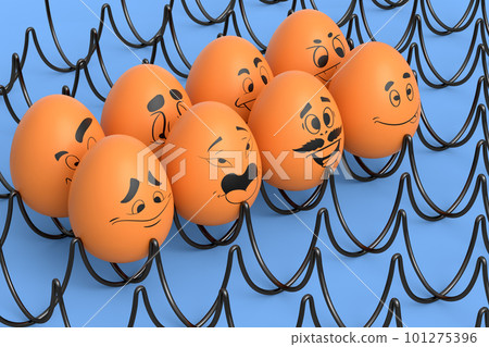 Farm brown egg with expressions and funny face in metal wire tray or cardboard Farm brown egg with expressions and funny face in metal wire tray or cardboard 101275396