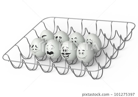 Farm white egg with expressions and funny face in metal wire tray or cardboard Farm white egg with expressions and funny face in metal wire tray or cardboard 101275397