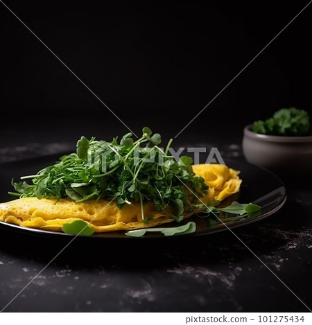 Delicious fresh appetizing omelet with herbs, great breakfast dish isolated on black 101275434