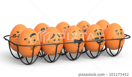 Farm brown egg with expressions and funny face in metal wire tray or cardboard 101275452