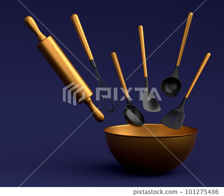 Metal bowl with kitchen utensil for preparation of dough on blue background. 101275486