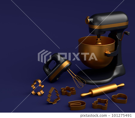 Mixer and hand mixer with kitchen utensil for preparation of dough on blue Mixer and hand mixer with kitchen utensil for preparation of dough on blue 101275491