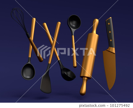 Wooden kitchen utensils, tools and equipment on blue background. 101275492