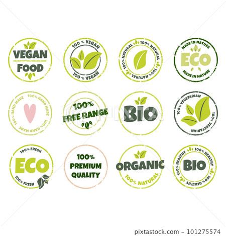 Set of eco, bio, organic and natural products sticker, logo, label, badge, icon. Vector illustration of textured grunge circle stamp, healthy food symbol, design element 101275574