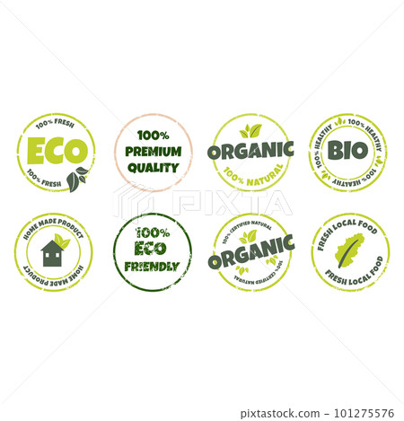 Set of eco, bio, organic and natural products sticker, logo, label, badge, icon. Vector illustration of textured grunge circle stamp, healthy food symbol, design element Set of eco, bio, organic and natural products sticker, logo, label, badge, icon. Vector illustration of textured grunge circle stamp, healthy food symbol, design element 101275576
