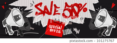 Vector collage grunge banner. 3d Loudspeaker announcing crazy promotions. Doodle elements on retro poster. Stylish modern advertising poster design with space for text. Vector illustration. 101275767