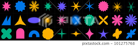 Geometric figures in the style of brutalism. Trendy geometry. Crowns and stars and daisy flowers. Set with different shapes 101275768