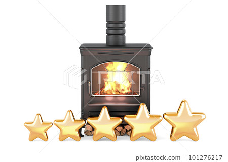 Potbelly stove, wood burner stove with five golden stars, 3D rendering 101276217