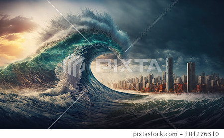 Tsunami hits modern city, giant sea waves attack tall buildings, generative AI 101276310