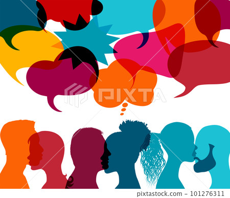 Silhouette heads people in profile whit speech bubble talking and communicating. Communication. Communicate and share ideas and information on social networks. Community concept. To speak 101276311