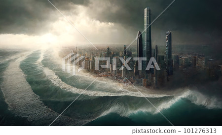 Tsunami hits modern city, giant sea waves attack tall buildings, generative AI 101276313
