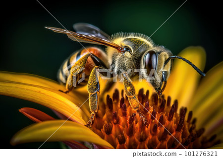 Honey bee collects pollen and nectar on flower, honeybee macro view, generative AI. Honey bee collects pollen and nectar on flower, honeybee macro view, generative AI. 101276321