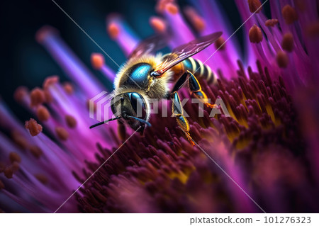 Honey bee collects pollen and nectar on flower, honeybee macro view, generative AI. 101276323