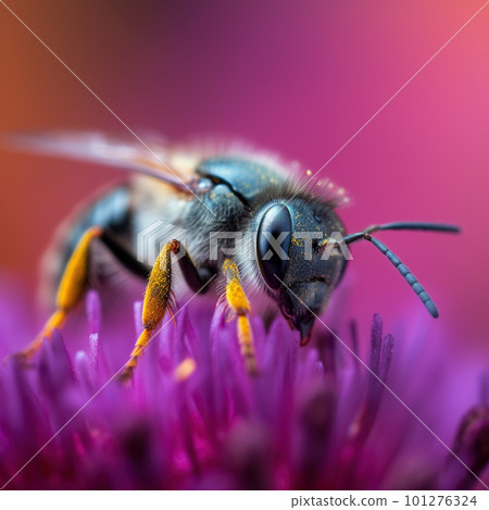 Honey bee collects pollen and nectar on flower, honeybee macro view, generative AI Honey bee collects pollen and nectar on flower, honeybee macro view, generative AI 101276324