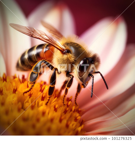 Honey bee collects pollen and nectar on flower, honeybee macro view, generative AI 101276325