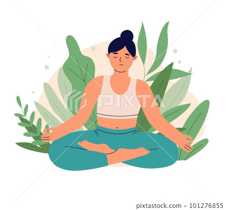Woman with croosed legs practices yoga in nature. Relaxation and harmony. Mental wellness and self care. Yoga Day Celebration. Flat vector illustration Woman with croosed legs practices yoga in nature. Relaxation and harmony. Mental wellness and self care. Yoga Day Celebration. Flat vector illustration 101276855