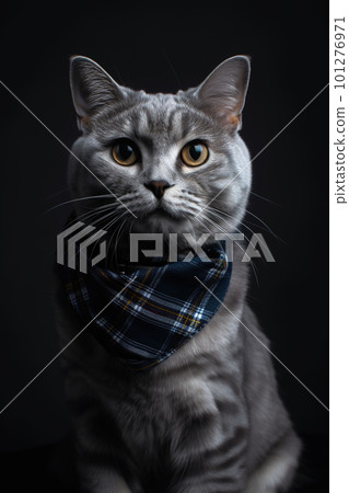 Cute domestic cat wearing a warm checker fleece blanket, AI generative image 101276971