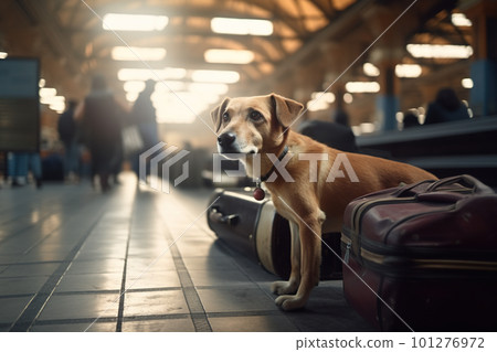 Sad dog that is lost or waiting for owner, next to luggage in the large hall of railway station or airport, AI generative image 101276972