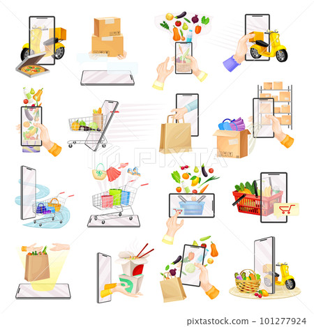 Smartphone with Shopping Cart and Bags as Online Purchasing and Delivery Big Vector Set 101277924