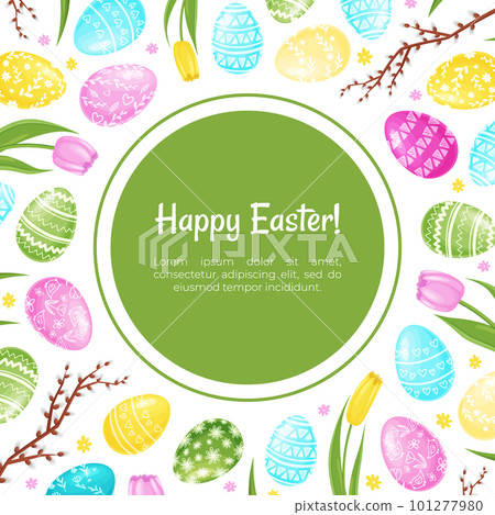 Happy Easter Banner Design with Eggs and Tulip Flower Vector Template Happy Easter Banner Design with Eggs and Tulip Flower Vector Template 101277980