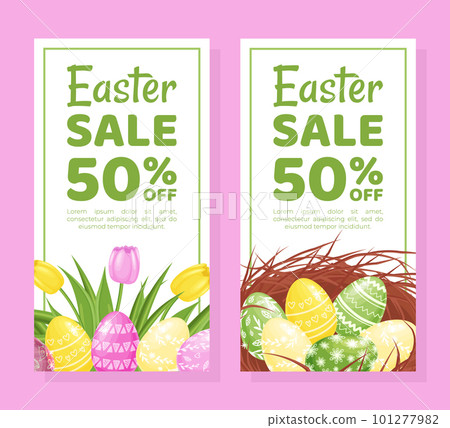 Happy Easter Banner Design with Eggs and Tulip Flower Vector Template Happy Easter Banner Design with Eggs and Tulip Flower Vector Template 101277982