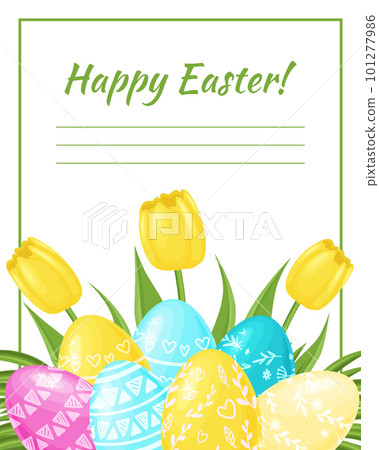 Happy Easter Greeting Card with Eggs and Tulip Flower Vector Template Happy Easter Greeting Card with Eggs and Tulip Flower Vector Template 101277986