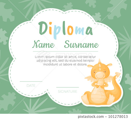 Diploma with Cartoon Cute Baby Dragon with Wing and Tail Vector Template Diploma with Cartoon Cute Baby Dragon with Wing and Tail Vector Template 101278013