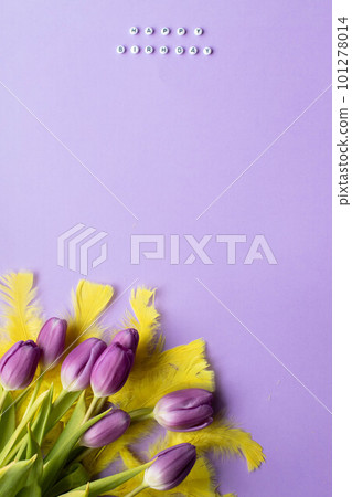 Spring tulip and text Happy Birhday on english laid out of multi-colored cube on violet background 101278014