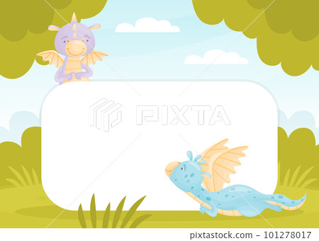 Cartoon Cute Baby Dragon with Wing and Tail Empty Card Vector Template 101278017