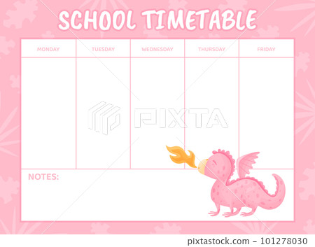 School Timetable with Baby Dragon with Wing and Tail Vector Template School Timetable with Baby Dragon with Wing and Tail Vector Template 101278030