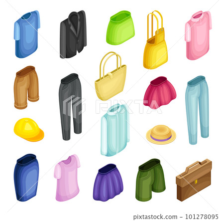 Clothing or Apparel Items Made of Fabrics with Pair of Jeans and Skirt Isometric Big Vector Set 101278095