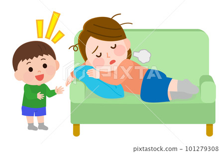 Illustration of a tired woman lying on the sofa and a cheerful child 101279308