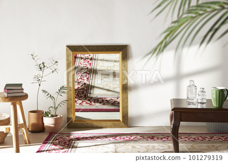 A room with a calm atmosphere, with clay pots placed in front of the wall and curtains letting in natural light. Glass bottles, coffee, and various objects on a marble table A room with a calm atmosphere, with clay pots placed in front of the wall and curtains letting in natural light. Glass bottles, coffee, and various objects on a marble table 101279319