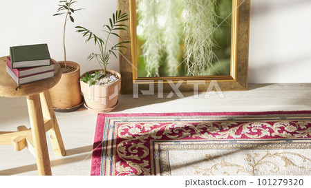 A room with a calm atmosphere, with clay pots placed in front of the wall and curtains letting in natural light. Glass bottles, coffee, and various objects on a marble table A room with a calm atmosphere, with clay pots placed in front of the wall and curtains letting in natural light. Glass bottles, coffee, and various objects on a marble table 101279320