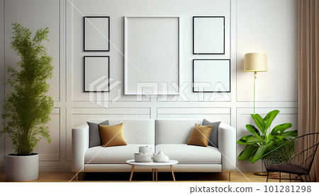 Modern interior design cozy with armchair sofa in living room with and mock up poster frame in white wall at home, lifestyle living room design, empty nobody, 3D render illustration by Generative AI 101281298