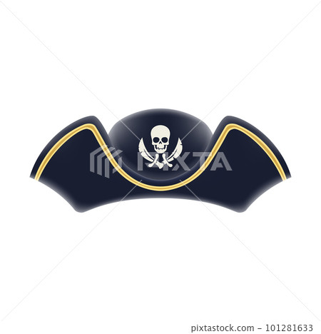 Cartoon pirate captain tricorn cocked hat with vector skull and crossed sabers. Black hat of Caribbean Sea pirate ship captain, corsair, marine robber, buccaneer or filibuster with jolly roger 101281633