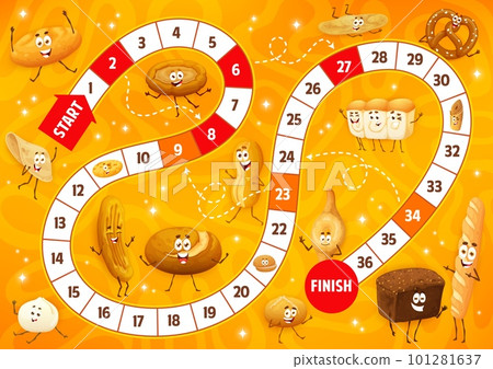 Kids board game. Cartoon bakery, pastry and bread characters. Dice boardgame, roll and move game vector worksheet with flatbread, tortilla, mantou and marraqueta, barbari, chapati bread personages 101281637