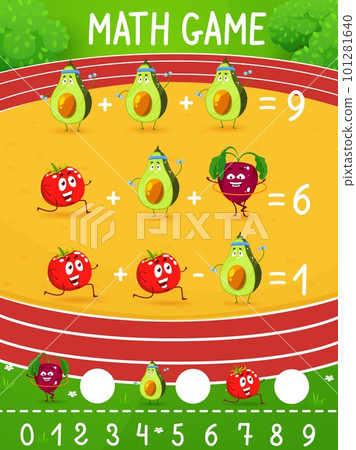 Math game worksheet cartoon avocado, tomato and beet characters on sport stadium, vector mathematics quiz. Math game puzzle for addition and subtraction calculation skills training with vegetables 101281640