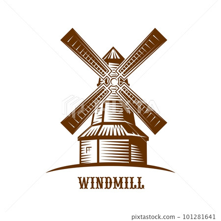 Windmill icon of vector farm mill with vintage wood tower, sails and wind boards. Rural building of windmill isolated brown sign for wheat flour or bread food products, mill and bakery emblem Windmill icon of vector farm mill with vintage wood tower, sails and wind boards. Rural building of windmill isolated brown sign for wheat flour or bread food products, mill and bakery emblem 101281641