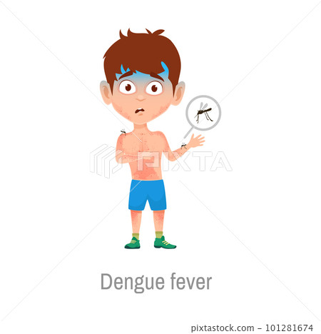 Child with dengue fever disease. Isolated vector sick little boy with allergies on infected mosquito bite with red itchy rash pimples on body. Insects sucking child blood. Kid sickness symptoms Child with dengue fever disease. Isolated vector sick little boy with allergies on infected mosquito bite with red itchy rash pimples on body. Insects sucking child blood. Kid sickness symptoms 101281674