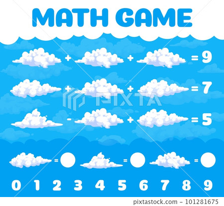 Cartoon white clouds in blue sky math game worksheet. Vector mathematics riddle for children education, learning arithmetic equations. Development of calculation skills, puzzle task to learn counting 101281675