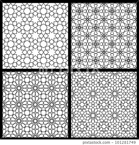 Mashrabiya arabesque arabic window islamic pattern. Vector seamless arab grid background. Arabian, turkish or traditional tile mesh cnc ornament . Repeated monochrome backdrop with oriental lattice Mashrabiya arabesque arabic window islamic pattern. Vector seamless arab grid background. Arabian, turkish or traditional tile mesh cnc ornament . Repeated monochrome backdrop with oriental lattice 101281749