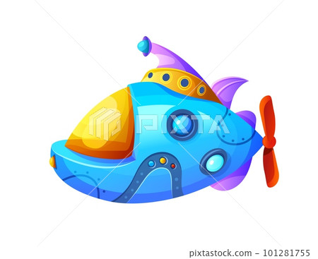 Submarine or cartoon bathyscaphe with periscope, vector underwater boat or funny sea ship. Sub marine boat or bathyscaphe with portholes, toy or game asset submarine in cartoon undersea adventure 101281755