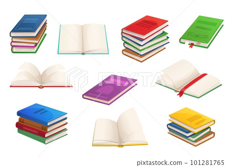 Cartoon books, textbooks and bestsellers, opened books in stacks. Library isolated vector literature books or school education, opened textbooks with bookmark and closed in pile stacks Cartoon books, textbooks and bestsellers, opened books in stacks. Library isolated vector literature books or school education, opened textbooks with bookmark and closed in pile stacks 101281765