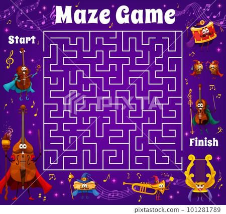 Labyrinth maze game wizard musical instrument characters, sound waves and notes. Kids vector riddle, test worksheet with drum, double bass, horn, violin or tambourine, castanets and harp sorcerers 101281789