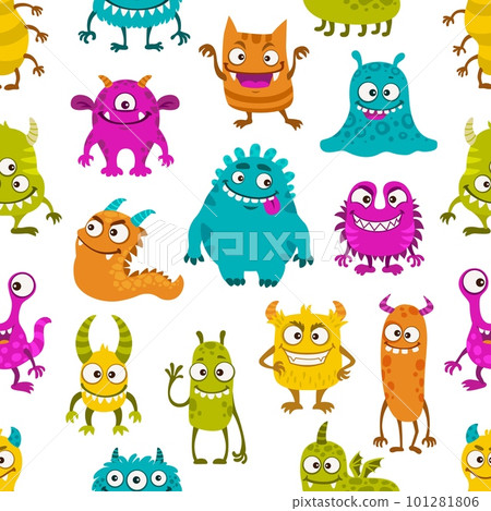 Seamless pattern with cartoon funny monster characters. Vector repeated background with cute comic creatures, joyful halloween personages. Ornament with devils, goblins, aliens kawaii smiling mutants Seamless pattern with cartoon funny monster characters. Vector repeated background with cute comic creatures, joyful halloween personages. Ornament with devils, goblins, aliens kawaii smiling mutants 101281806