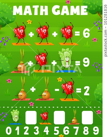 Math game worksheet, cartoon cheerful vegetable characters on fitness, vector kids quiz. Cabbage, pepper and onion on sport activity, mathematics education puzzle game for number count and calculation Math game worksheet, cartoon cheerful vegetable characters on fitness, vector kids quiz. Cabbage, pepper and onion on sport activity, mathematics education puzzle game for number count and calculation 101281816