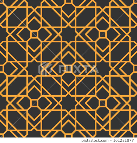 Mashrabiya arabesque arabic pattern. Seamless islamic background with vector arab ornament of gold geometric motif. Golden background of muslim stars, floral elements, arabesque lattice cnc pattern 101281877