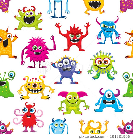 Cartoon monster characters seamless pattern and kids funny creatures vector background. Cute funny monsters and alien animal pattern of bizarre mutant, troll, yeti and goblins or cheerful gremlin Cartoon monster characters seamless pattern and kids funny creatures vector background. Cute funny monsters and alien animal pattern of bizarre mutant, troll, yeti and goblins or cheerful gremlin 101281906
