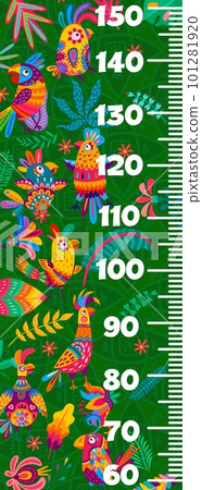 Kids height chart ruler. Cartoon brazilian and mexican parrots in jungle vector meter. Measure scale with exotic birds, tropical plants and flowers for kids height chart or stadiometer wall sticker 101281920